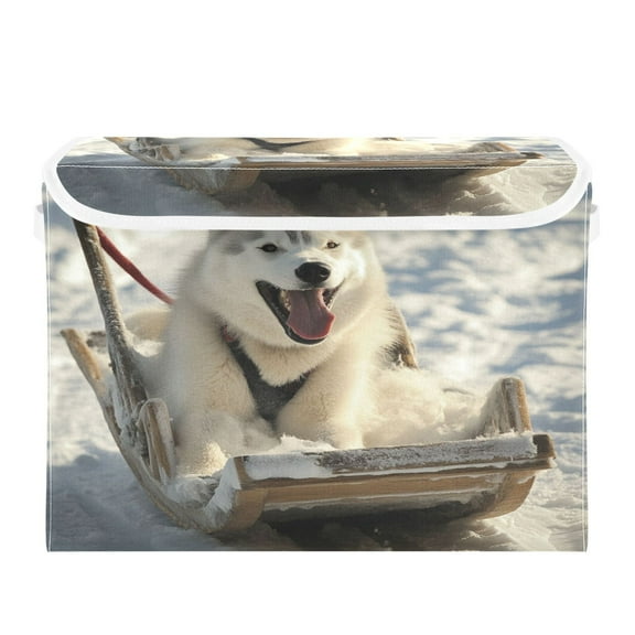WOBOGO Alaskan Dog on Sledge Large Collapsible Storage Box Flip Lid Fabric Decorative Organizer Container Basket with Handles 16.512.611.8in