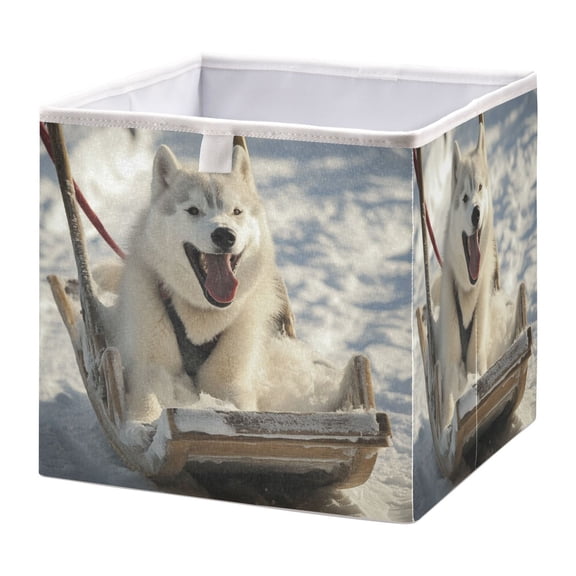 WOBOGO Alaskan Dog on Sledge Storage Basket Foldable Easy to Clean Durable with Hollow Support Plate with Handle 11.02×11.02×11.02 in