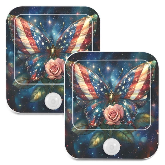 WOBOGO American Flag Butterfly Night Light Lamp with Smart Sensor Dusk to Dawn Sensor 0.6W Plug-in 2-Pack