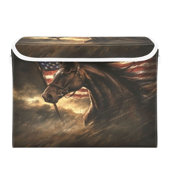 WOBOGO American Flag Horse Large Collapsible Storage Box Flip Lid Fabric Decorative Organizer Container Basket with Handles 16.512.611.8in