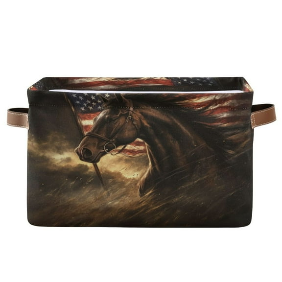 WOBOGO American Flag Horse Square Storage Basket with Waterproof Canvas and PE Lining Durable PU Leather Handles 14.2×10.2×8.3in