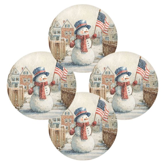WOBOGO American Flag Snowman Round Placemats Set of 4 Heat Resistant Washable Kitchen Table Decorations 15.4in