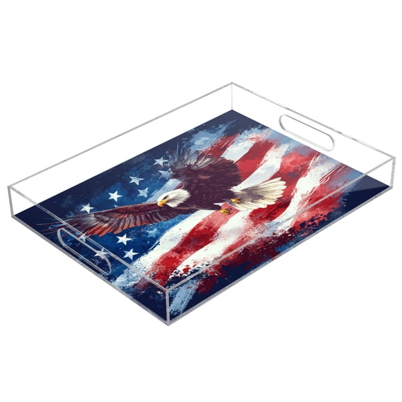 WOBOGO American Flag with Eagle Acrylic Serving Trays 15.7x11.8 Inch Spill Proof Clear Decorative Organizer with Handle
