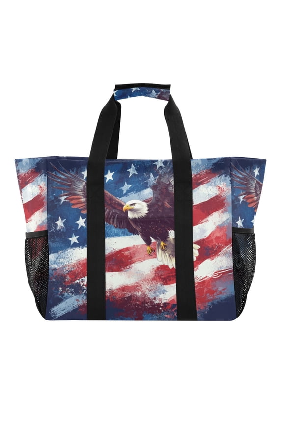American Flag with Eagle Tote Shopping Bag Reusable Heavy Duty Durable Foldable Washable 15.412.89.8in
