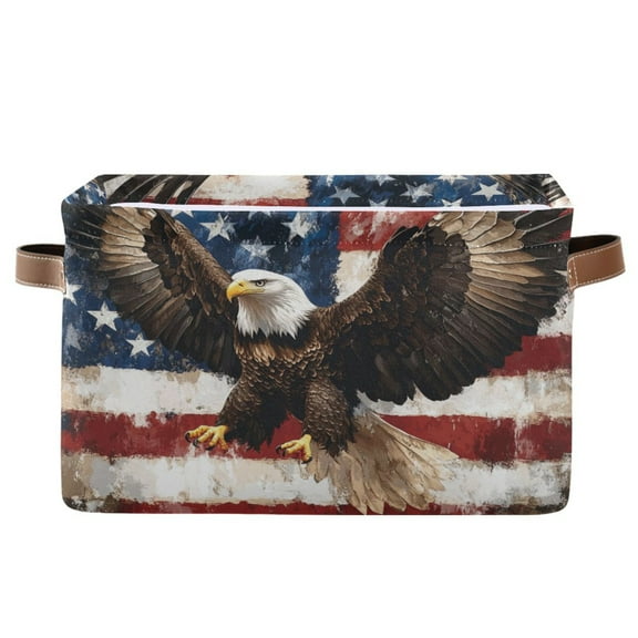WOBOGO American Patriotic Faith Square Storage Basket with Waterproof Canvas and PE Lining Durable PU Leather Handles 14.2×10.2×8.3in