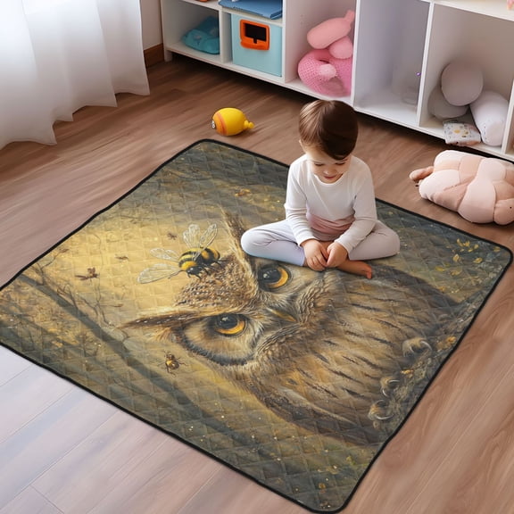 WOBOGO An Owl with Bumblebee Pattern Baby Playmats Extra Large Waterproof Rollable Activity Pads for Toddlers 5050inch