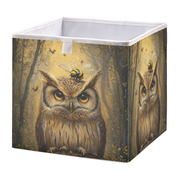 WOBOGO An Owl with Bumblebee Pattern Storage Basket Foldable Easy to Clean Durable with Hollow Support Plate with Handle 15.75×10.63×6.96 in