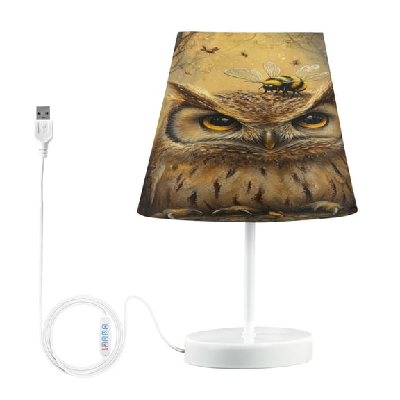 WOBOGO An Owl with Bumblebee Pattern Table Lamps Bedroom 3-Speed Dimmable Farm Style with Fabric Shade for Reading and Home Office