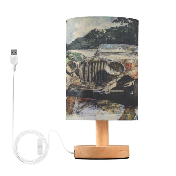 WOBOGO Ancient Cars Bedroom Table Lamp USB Power Connector Wooden Base Round Linen Shade For Living Room Desk