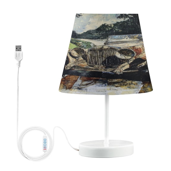 WOBOGO Ancient Cars Table Lamps Bedroom 3-Speed Dimmable Farm Style with Fabric Shade for Reading and Home Office