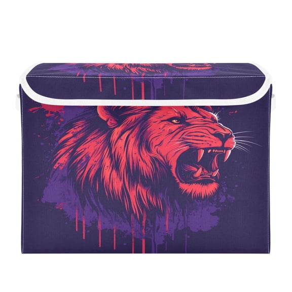 WOBOGO Angry Red Lion Pattern Large Collapsible Storage Box Flip Lid Fabric Decorative Organizer Container Basket with Handles 16.512.611.8in