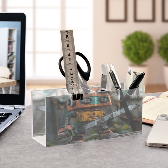 WOBOGO Animated Chainsaw Robot Acrylic Pen Holder 4 Compartments Clear Pencil Organizer Makeup Brush Storage Case