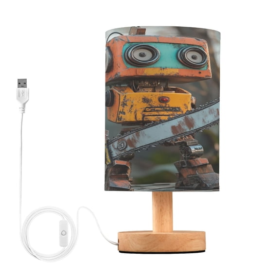 WOBOGO Animated Chainsaw Robot Bedroom Table Lamp USB Power Connector Wooden Base Round Linen Shade For Living Room Desk