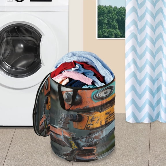 WOBOGO Animated Chainsaw Robot Foldable Laundry Baskets with Carry Handle Zipper Closure Travel Bathroom College Dorm Essentials