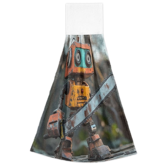 WOBOGO Animated Chainsaw Robot Hand Towel Set of 2 Absorbent for Kitchen and Bathroom With Velcro Hanging Loop 18.214in