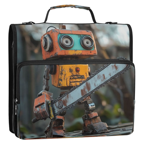 WOBOGO Animated Chainsaw Robot Ring Binder Bag 1.5in Folder Organizer with Shoulder Strap for 13Inch Laptop and 500 Sheets of Paper