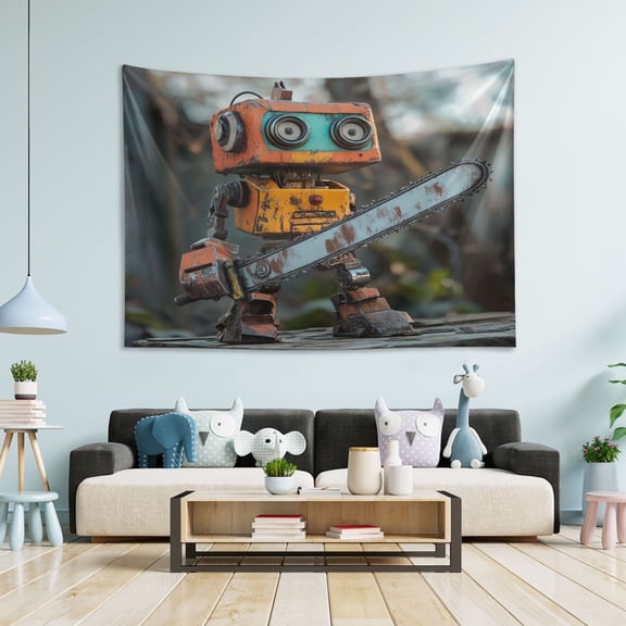 WOBOGO Animated Chainsaw Robot Tapestry 60×40in Home Living Room Bedroom Wall Hanging Ornaments