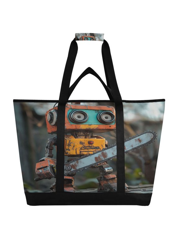 Animated Chainsaw Robot Tote Cooler Bag Fold Flat Insulated Shopping Bag With Zipper For Work Picnic Beach Use 186.724in
