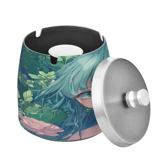 WOBOGO Anime Cactus Girl Ashtray with Lid Stainless Steel Smokeless Odorless Windproof for Home Bedroom Office Desk Patio Outdoor Balcony