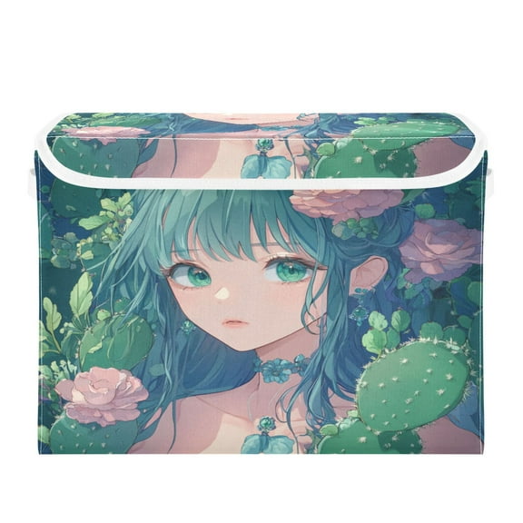 WOBOGO Anime Cactus Lass Large Collapsible Storage Box Flip Lid Fabric Decorative Organizer Container Basket with Handles 16.512.611.8in
