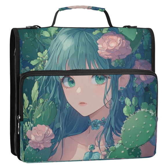 WOBOGO Anime Cactus Lass Ring Binder Bag 1.5in Folder Organizer with Shoulder Strap for 13Inch Laptop and 500 Sheets of Paper