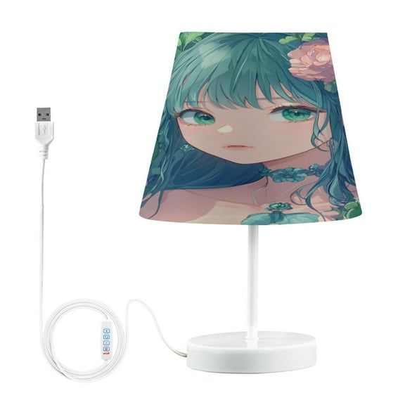 WOBOGO Anime Cactus Lass Table Lamps Bedroom 3-Speed Dimmable Farm Style with Fabric Shade for Reading and Home Office