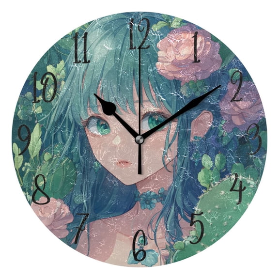 WOBOGO Anime Cactus Lass Wall Clock 10in Silent Mechanism Battery Operated Retro Style for Living Room Bedroom and Kitchen Black Pointer