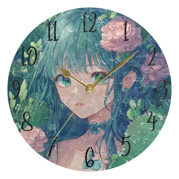 WOBOGO Anime Cactus Lass Wall Clock 10in Silent Mechanism Battery Operated Retro Style for Living Room Bedroom and Kitchen Gold Pointer
