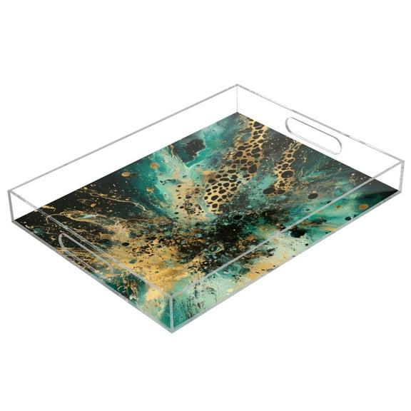 WOBOGO Artistic Leopard Acrylic Serving Trays 15.7x11.8 Inch Spill Proof Clear Decorative Organizer with Handle