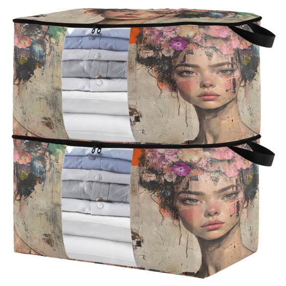 WOBOGO Artistic Scent Lass Clothes Storage 2Pack Foldable Thick Fabric Blanket Organizer Bag with Handle 21.65×13.78×12.4in