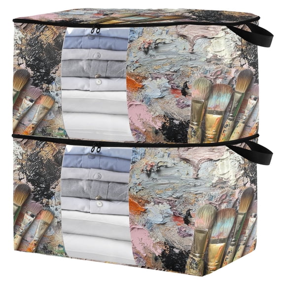 WOBOGO Artistic Sense Clothes Storage 2Pack Foldable Thick Fabric Blanket Organizer Bag with Handle 21.65×13.78×12.4in