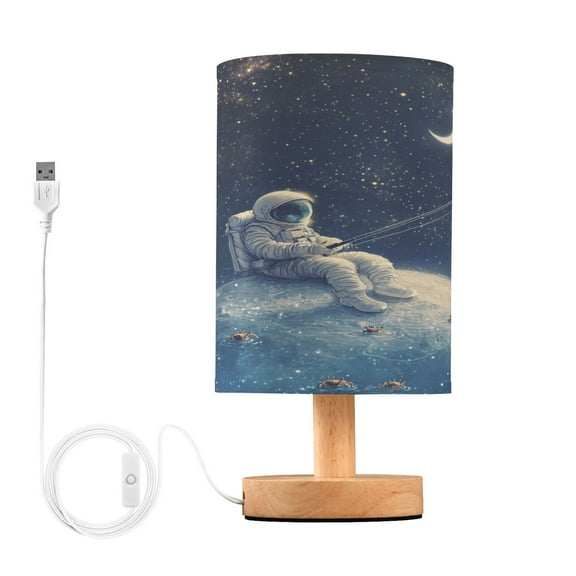 WOBOGO Astronaut Fishing on The Moon Bedroom Table Lamp USB Power Connector Wooden Base Round Linen Shade For Living Room Desk