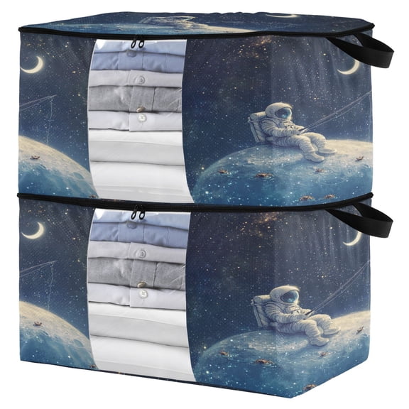 WOBOGO Astronaut Fishing on The Moon Clothes Storage 2Pack Foldable Thick Fabric Blanket Organizer Bag with Handle 21.65×13.78×12.4in