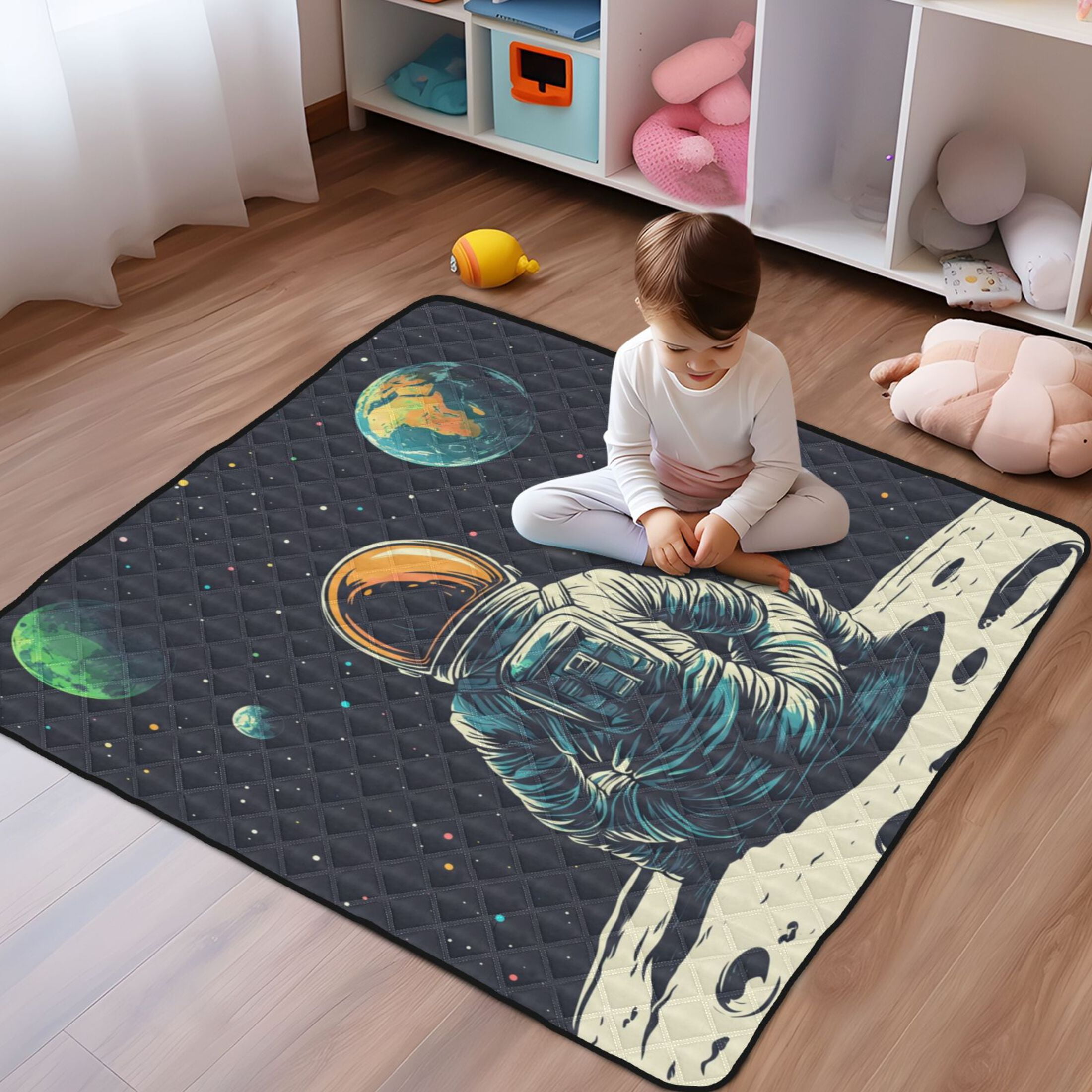 WOBOGO Astronaut Sitting on The Moon Baby Playmats Extra Large Waterproof Rollable Activity Pads for Toddlers 50×50inch