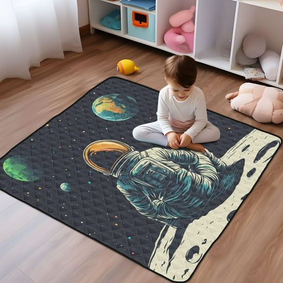 WOBOGO Astronaut Sitting on The Moon Baby Playmats Extra Large Waterproof Rollable Activity Pads for Toddlers 5050inch