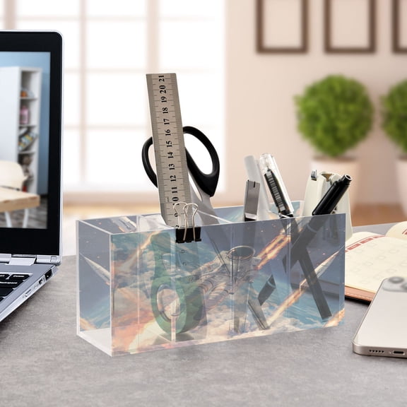 WOBOGO Astronauts Fly Into Space Acrylic Pen Holder 4 Compartments Clear Pencil Organizer Makeup Brush Storage Case