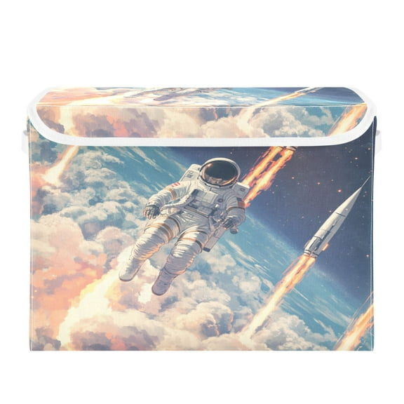 WOBOGO Astronauts Fly Into Space Large Collapsible Storage Box Flip Lid Fabric Decorative Organizer Container Basket with Handles 16.512.611.8in