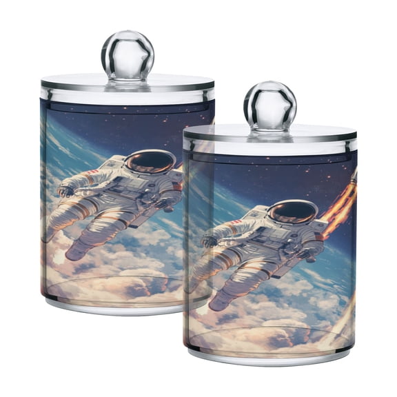 WOBOGO Astronauts Fly Into Space Transparent Plastic Jar 2pcs Cotton Swabs Balls Pads Floss Stick Dispenser Bathroom Vanity Storage Organizer