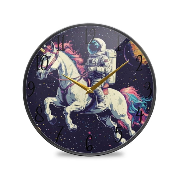 WOBOGO Astronauts Riding Unicorns Pattern Acrylic Wall Clock Battery Operated 9.5in Silent No Tick Bedroom Living Room Office Classroom Decoration