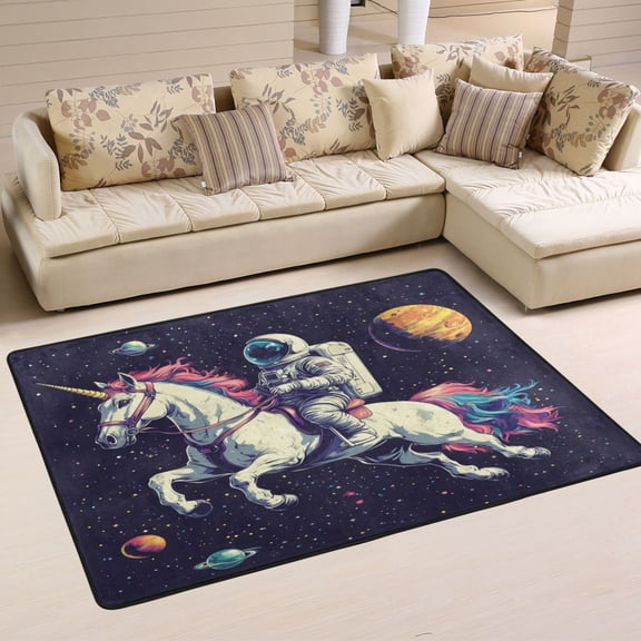 WOBOGO Astronauts Riding Unicorns Pattern Carpet Non-Slip Rugs Soft Doormat 36×24in Living Dining Room Bedroom Decorative