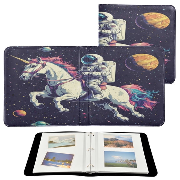 WOBOGO Astronauts Riding Unicorns Pattern Photo Albums 20 Pages Large Capacity DIY Self-adhesive Page PU Leather Cover for Family Wedding Anniversary Baby Vacation Photos 2411.8in