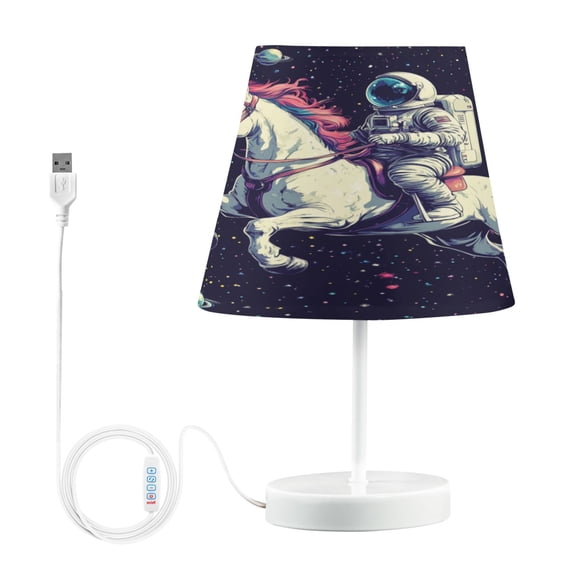 WOBOGO Astronauts Riding Unicorns Pattern Table Lamps Bedroom 3-Speed Dimmable Farm Style with Fabric Shade for Reading and Home Office