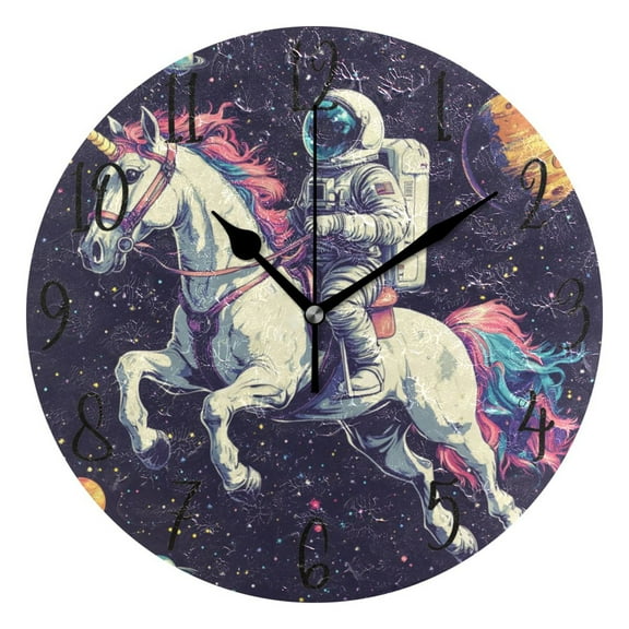 WOBOGO Astronauts Riding Unicorns Pattern Wall Clock 10in Silent Mechanism Battery Operated Retro Style for Living Room Bedroom and Kitchen Black Pointer