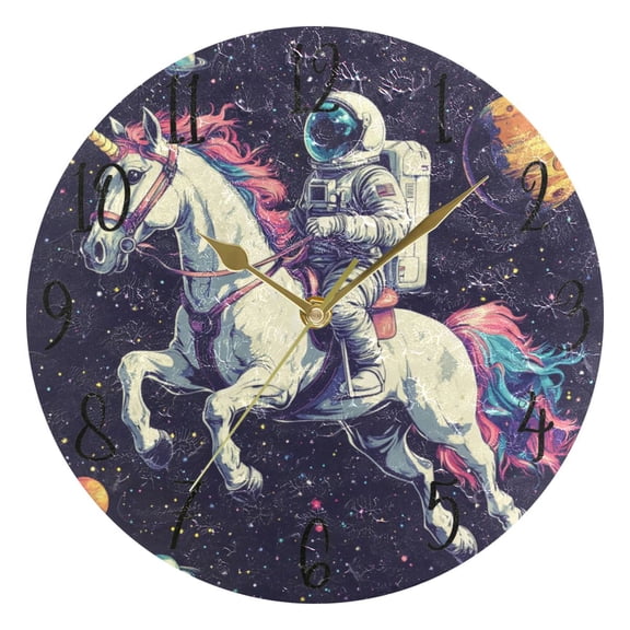WOBOGO Astronauts Riding Unicorns Pattern Wall Clock 10in Silent Mechanism Battery Operated Retro Style for Living Room Bedroom and Kitchen Gold Pointer
