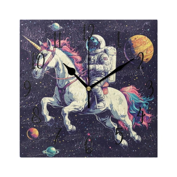 WOBOGO Astronauts Riding Unicorns Pattern Wall Clock 7.78 Inch Battery Operated Silent Unit Square Rustic Vintage Style for Home Bedroom Office Black Pointer