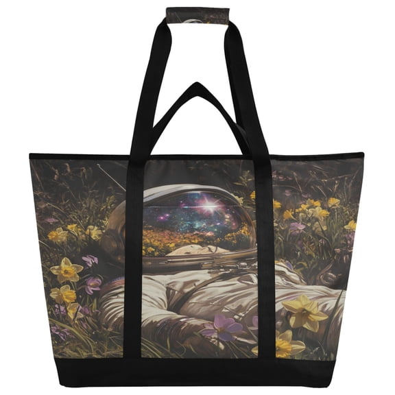 WOBOGO Astronauts in The Sea Of Flowers Tote Cooler Bag Fold Flat Insulated Shopping Bag With Zipper For Work Picnic Beach Use 186.724in