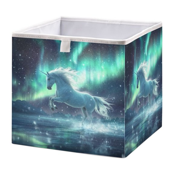 WOBOGO Aurora White Horse Pattern Storage Basket Foldable Easy to Clean Durable with Hollow Support Plate with Handle 15.75×10.63×6.96 in