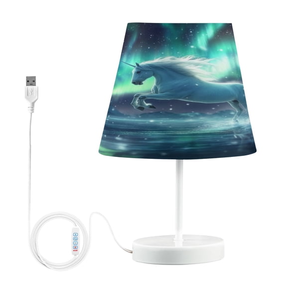 WOBOGO Aurora White Horse Pattern Table Lamps Bedroom 3-Speed Dimmable Farm Style with Fabric Shade for Reading and Home Office