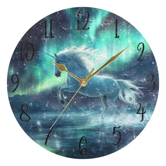 WOBOGO Aurora White Horse Pattern Wall Clock 10in Silent Mechanism Battery Operated Retro Style for Living Room Bedroom and Kitchen Gold Pointer