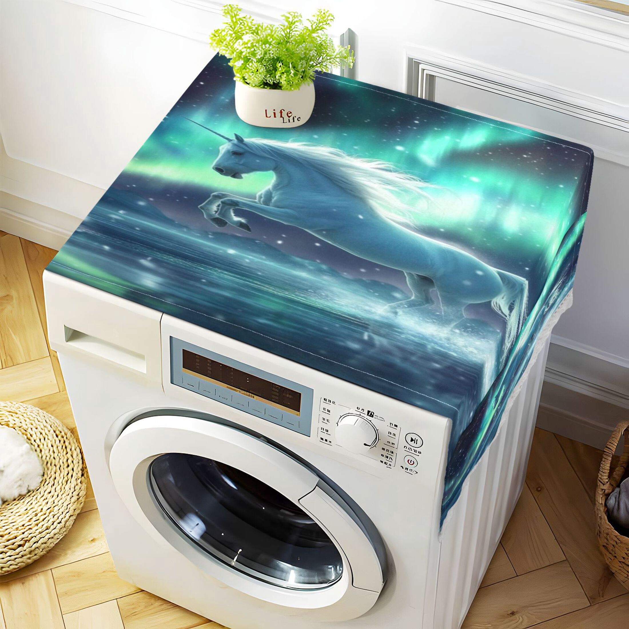 WOBOGO Aurora White Horse Pattern Washing Machine Cloth Dryer Refrigerator Top Cover Protective Non-Slip Mat For Kitchen Laundry